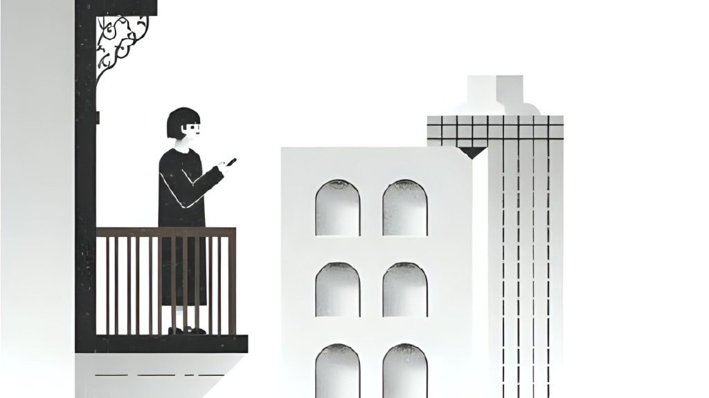 a woman overlooking on a busy urban street