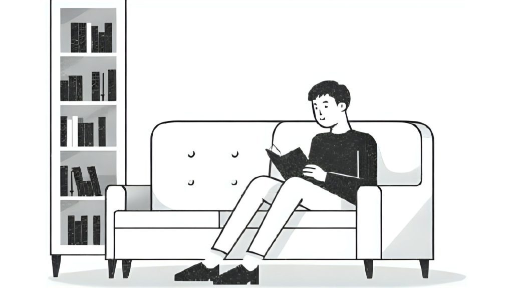 man reading a book on a couch next to a book shelf