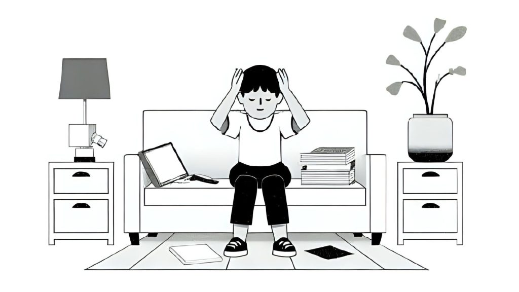 a man on a sofa, frustrated from noise